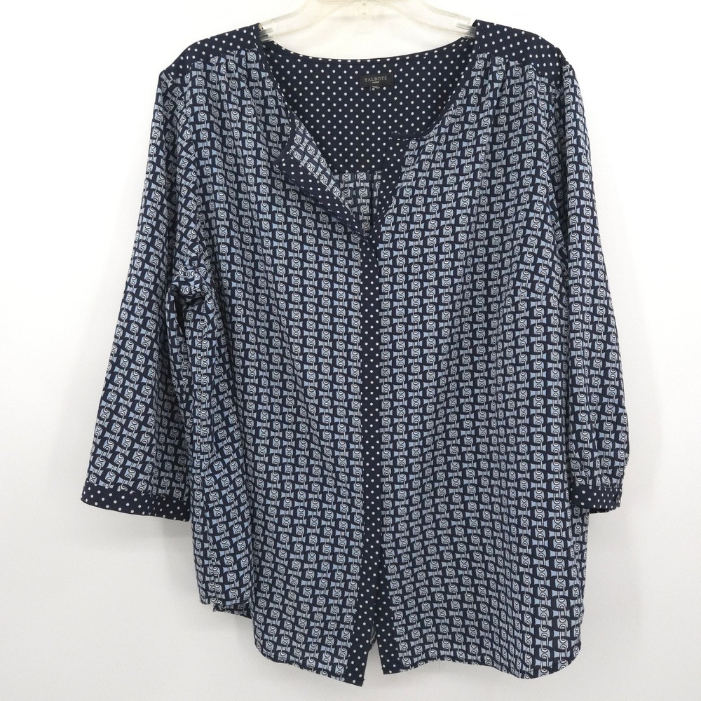Talbots Blouse Women 2X Blue Geometric Chain Link Polka Dot 3/4 Sleeve Top